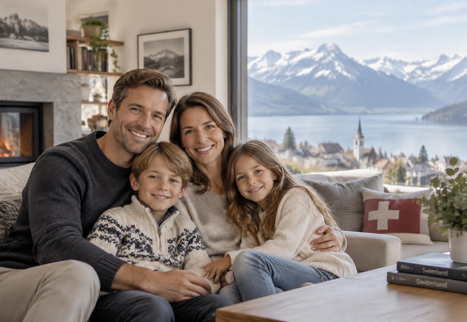 Familie in ihrem Zuhause mit Blick auf die Alpen